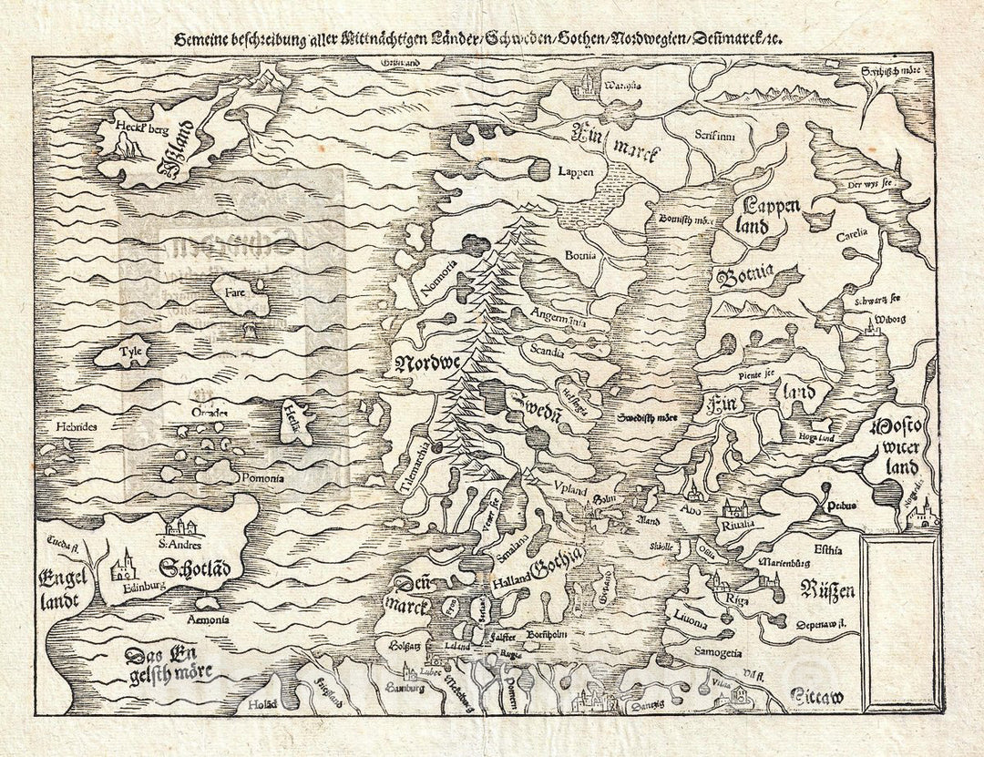 Historic Map : Munster Map of Scandinavia: Norway, Sweden, Denmark, Iceland, 1574, Vintage Wall Art