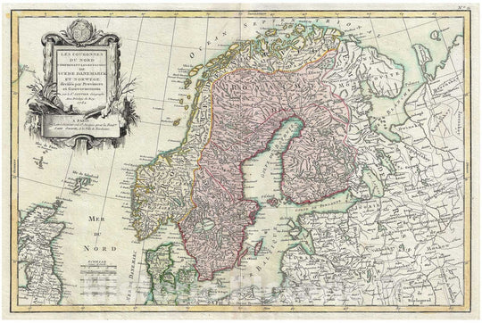 Historic Map : Janvier Map of Scandinavia, Sweden, Norway, Denmark, Finland, 1762, Vintage Wall Art