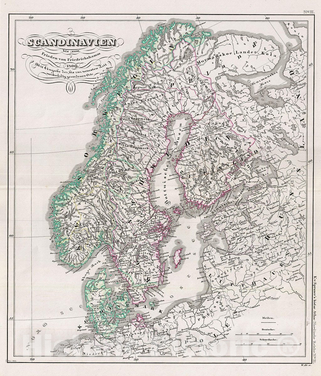 Historic Map : Spruner Antique Map of Scandinavia Under The Fredrikshamn Treaty: Norway, Sweden, Finland, 1854, Vintage Wall Art