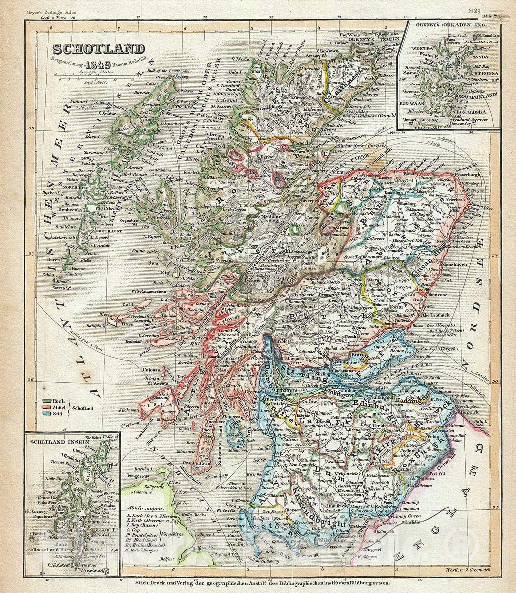 Historic Map : Meyer Antique Map of Scotland, 1849, Vintage Wall Art