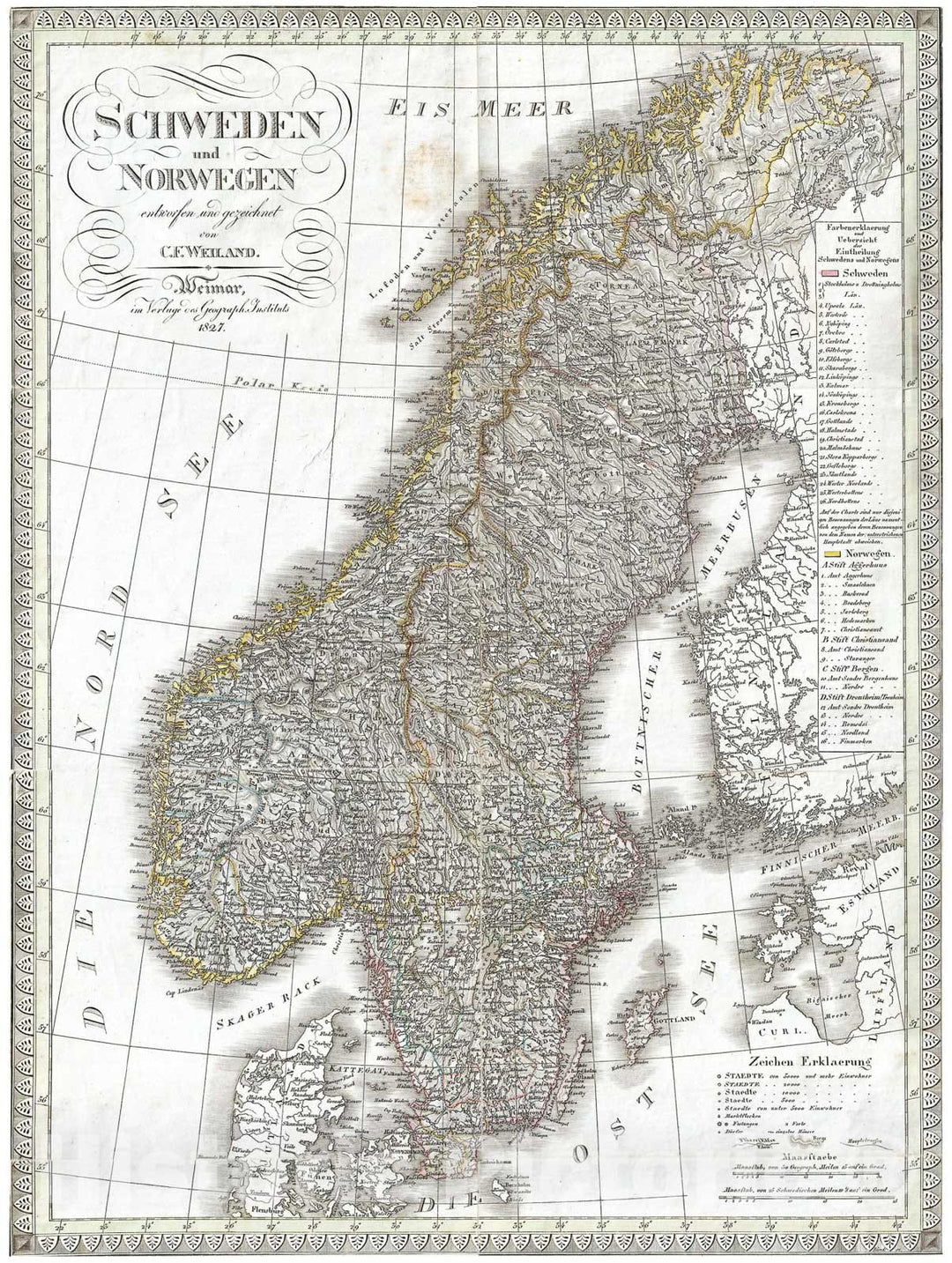 Historic Map : Weiland Map of Scandinavia (Sweden and Norway), 1827, Vintage Wall Art