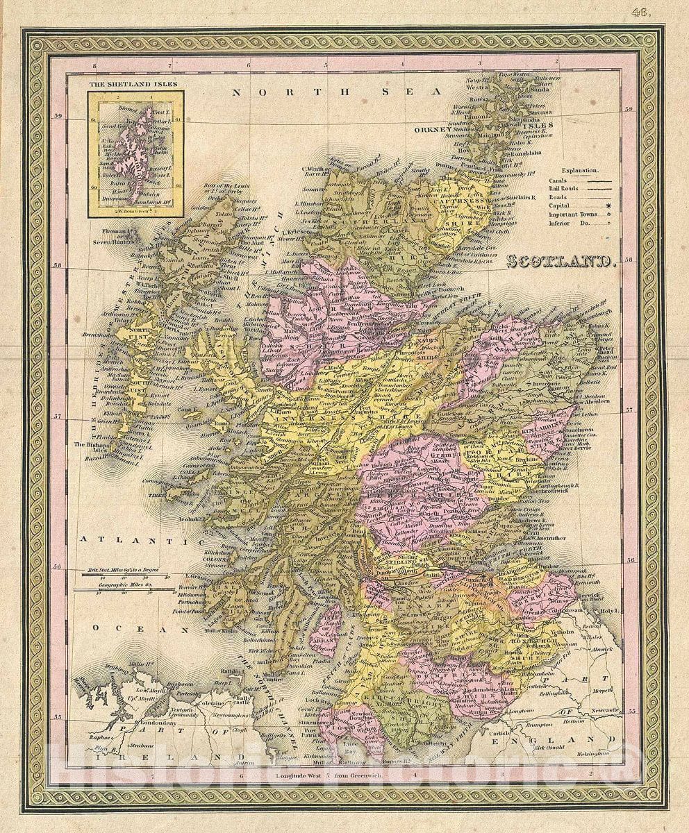 Historic Map : Mitchell Map of Scotland, 1849, Vintage Wall Art