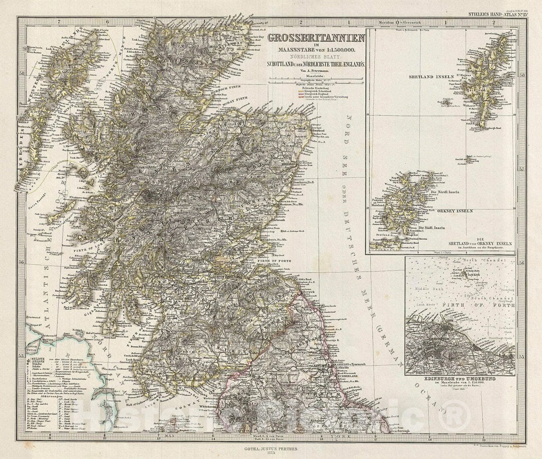 Historic Map : Stieler Map of Scotland, 1873, Vintage Wall Art