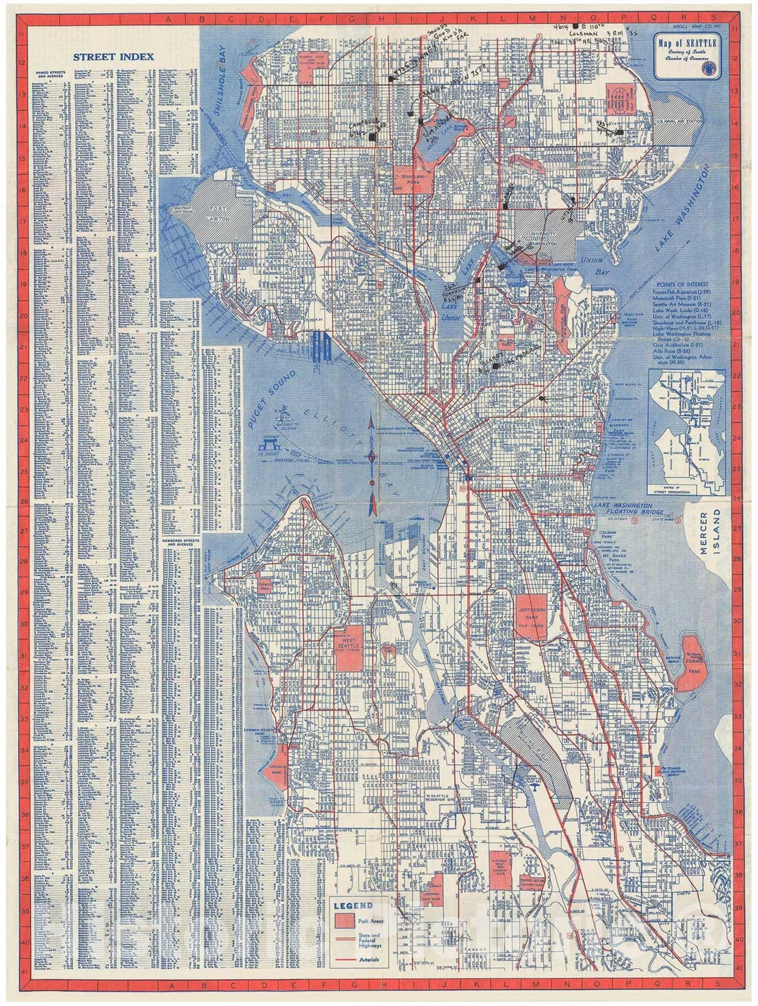 Historic Map : Knoll Map or Plan of The City of Seattle, Washington, 1950, Vintage Wall Art