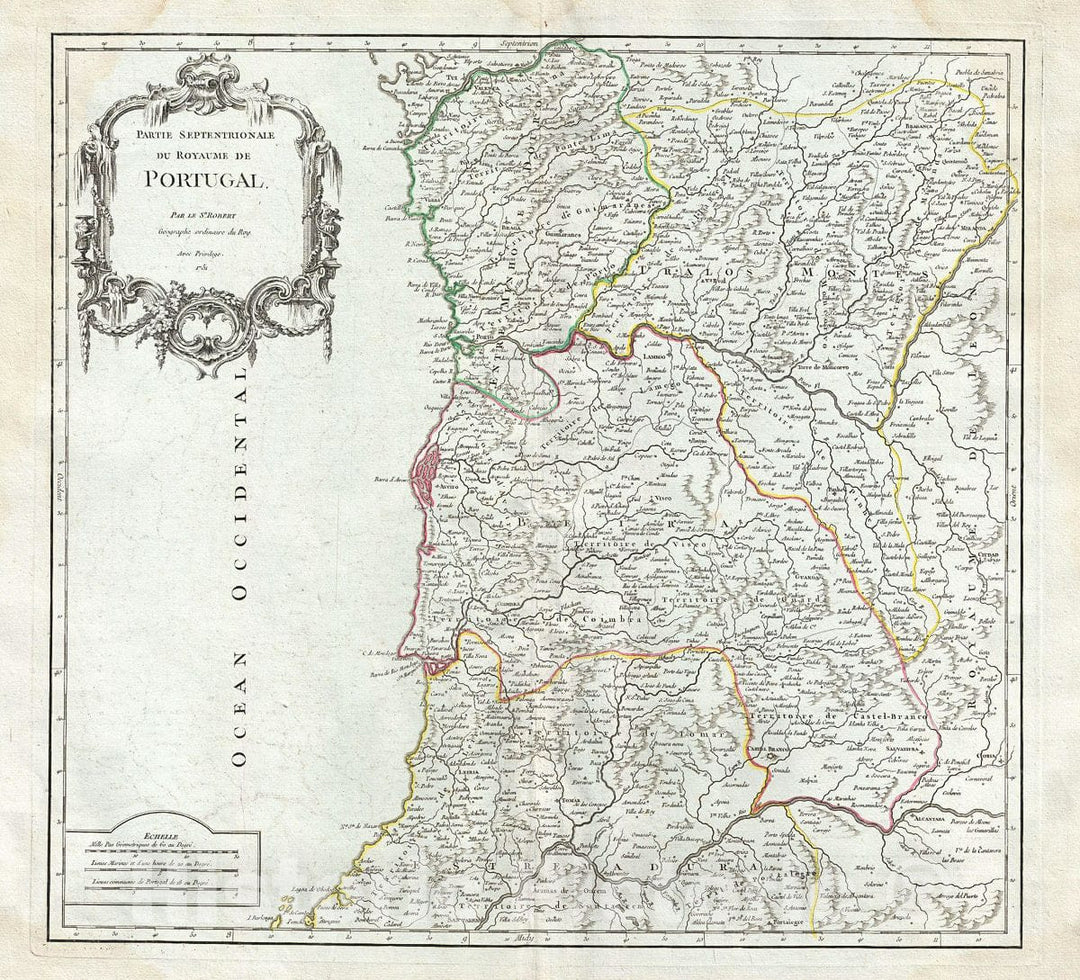 Historic Map : Vaugondy Antique Map of Northern Portugal, 1751, Vintage Wall Art