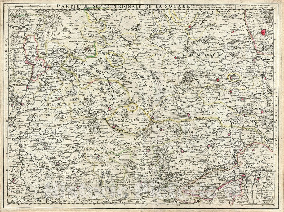 Historic Map : De L'isle Map of Swabia, Germany, 1704, Vintage Wall Art