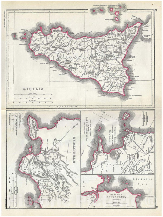 Historic Map : Hughes Map of Sicily During Ancient Roman Times, 1867, Vintage Wall Art