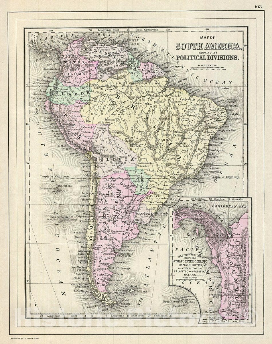 Historic Map : Bradley Map of South America, 1887, Vintage Wall Art