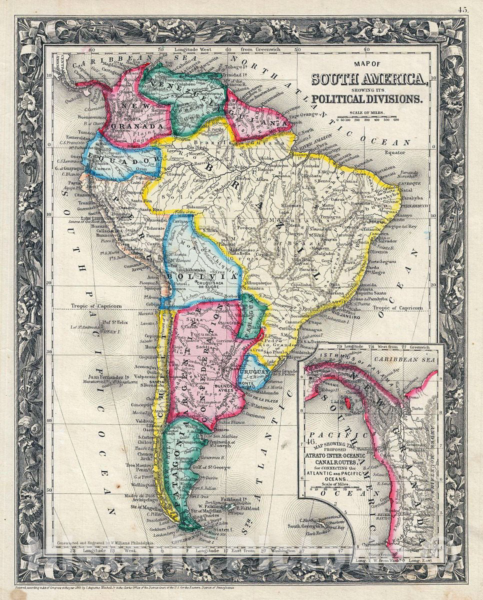 Historic Map : Mitchell Map of South America, Version 4, 1860, Vintage Wall Art