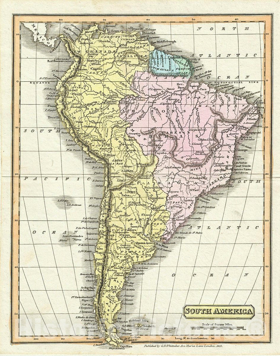 Historic Map : Whittaker Map of South America, 1825, Vintage Wall Art