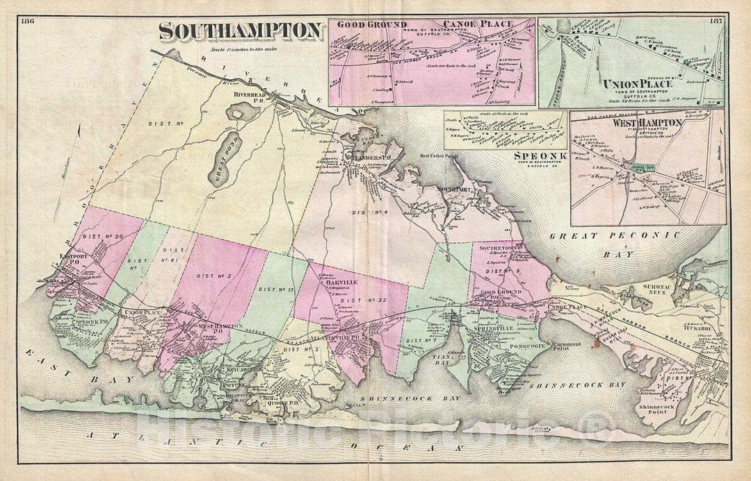 Historic Map : Beers Map of Southampton, Long Island, New York City, 1873, Vintage Wall Art