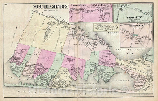 Historic Map : Beers Map of Southampton, Long Island, New York City, 1873, Vintage Wall Art