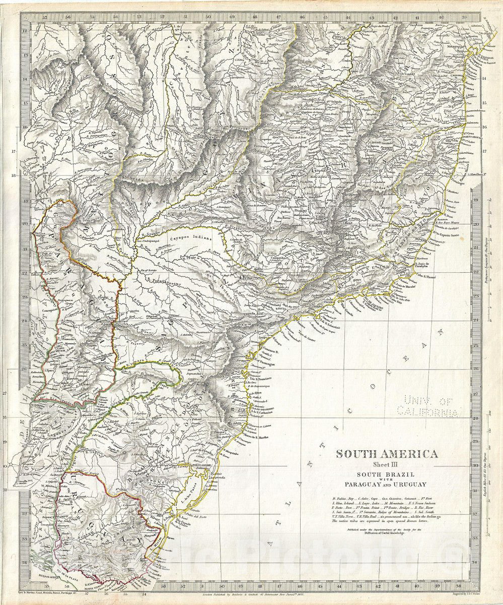 Historic Map : S.D.U.K. Map of Uruguay, Paraguay and Brazil, 1837, Vintage Wall Art