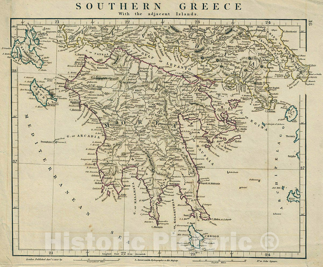 Historic Map : Arrowsmith Map of Southern Greece, 1828, Vintage Wall Art