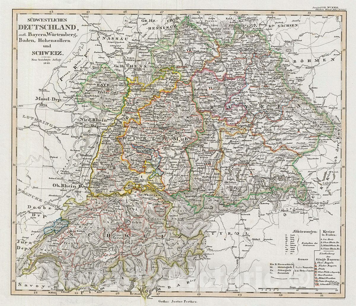 Historic Map : Perthes Antique Map of Southwestern Germany and Switzerland, 1853, Vintage Wall Art