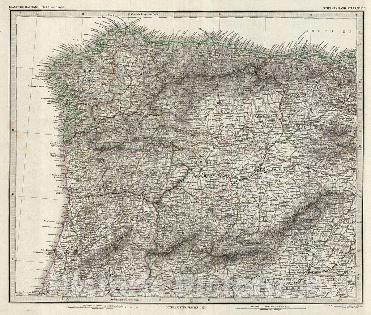 Historic Map : Stieler Antique Map of Northwest Spain and Portugal, 1873, Vintage Wall Art