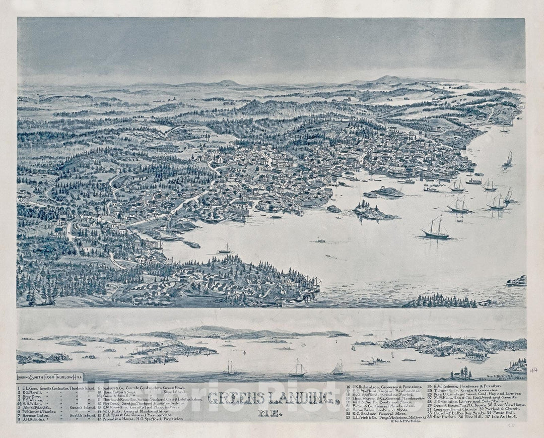 Historic Map : George E. Norris Birds'sEye View Map of Stonington (Greens Landing), Maine, 1893, Vintage Wall Art