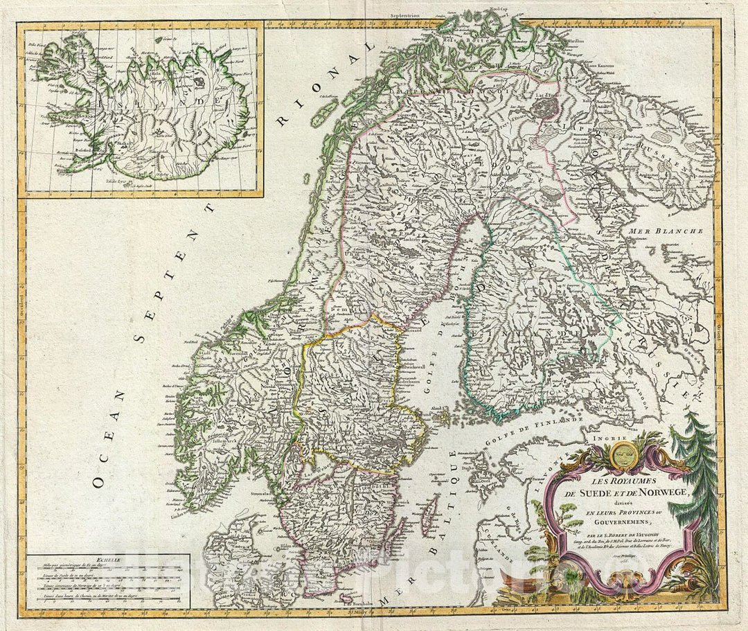 Historic Map : Vaugondy Map of Scandinavia (Sweden, Norway and Finland), 1756, Vintage Wall Art