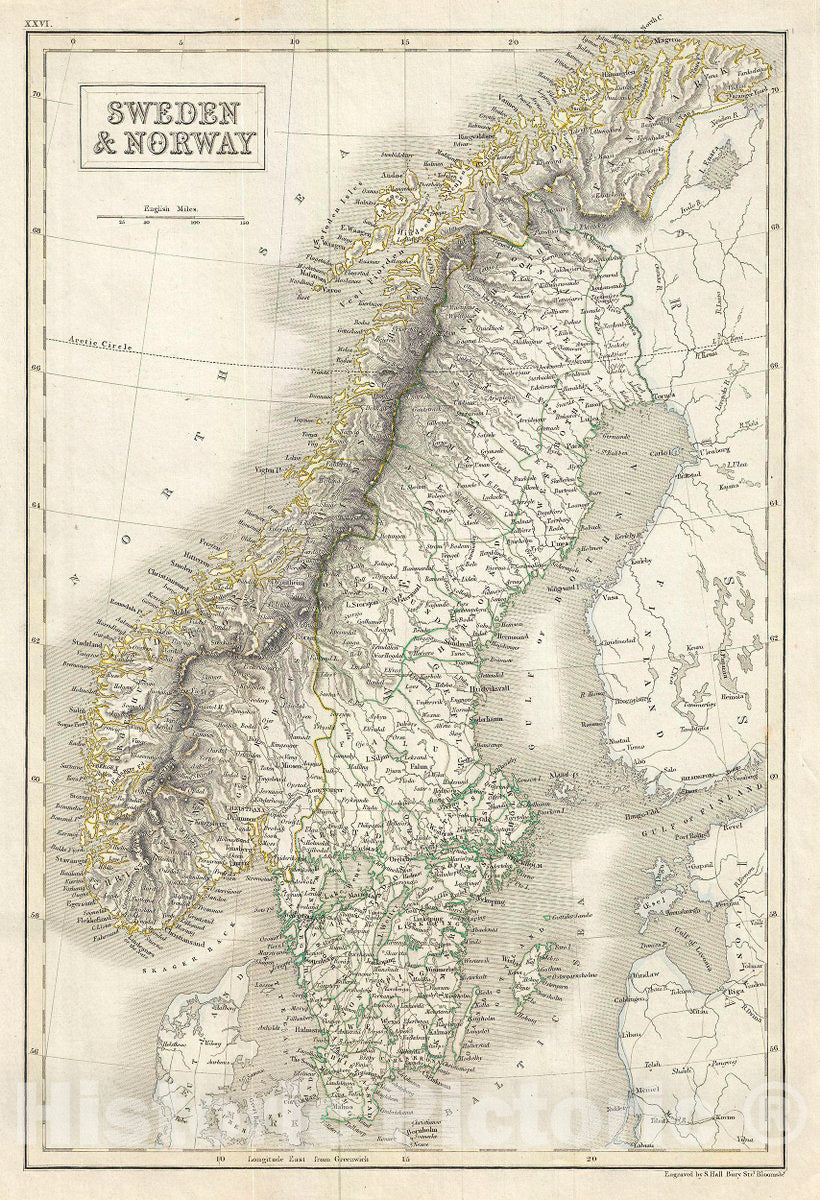 Historic Map : Black Map of Sweden and Norway (Scandinavia), 1844, Vintage Wall Art