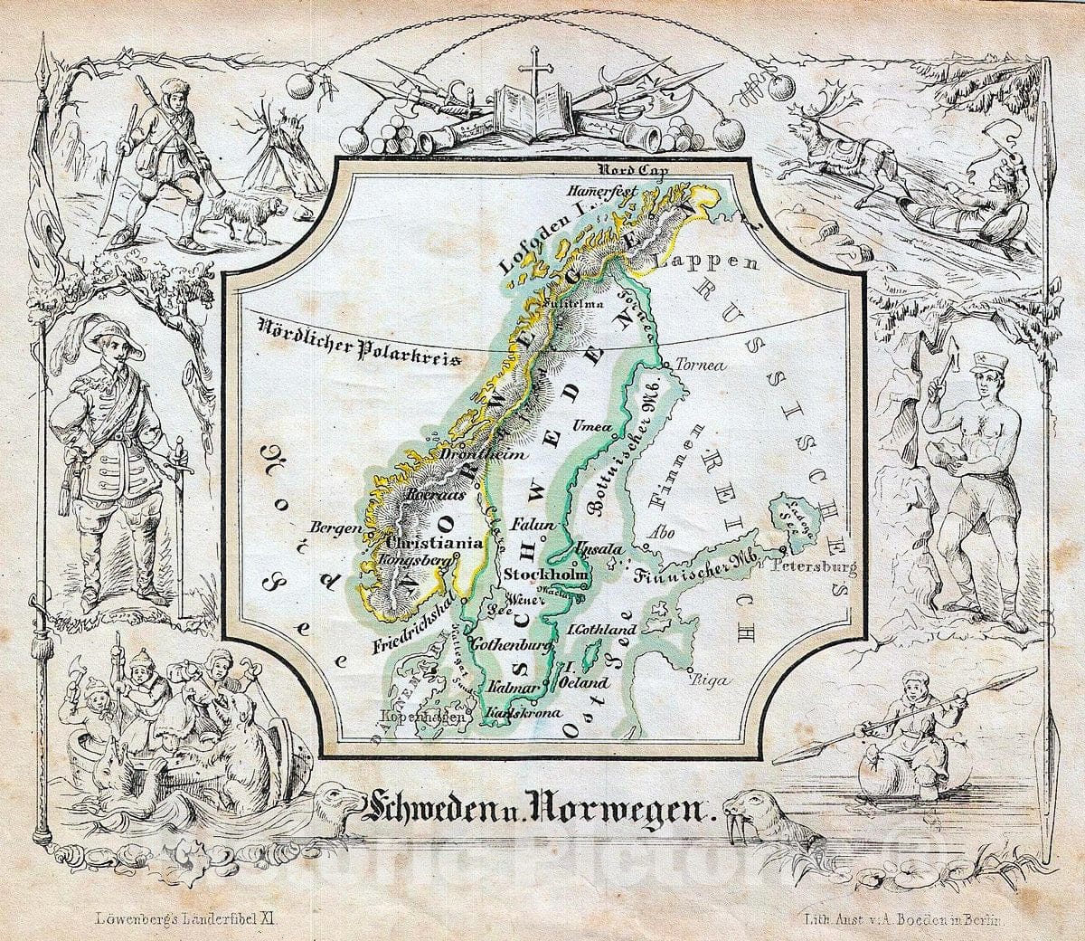 Historic Map : Lowenberg Whimsical Antique Map of Scandinavia, 1846, Vintage Wall Art