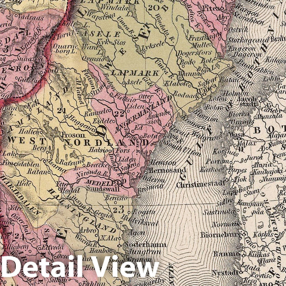 Historic Map : Mitchell Map of Scandinavia (Sweden, Norway), 1849, Vintage Wall Art