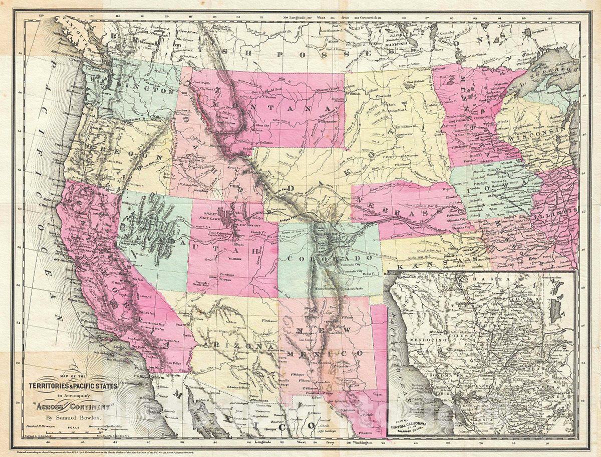 Historic Map : Goldthwait Map of The Western United States, 1865, Vintage Wall Art