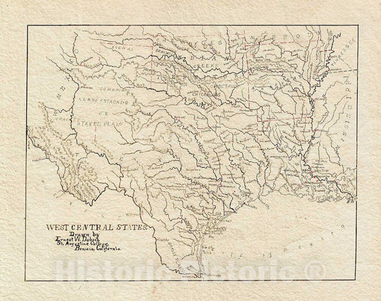 Historic Map : Ernest W. Dubois Schoolboy mansucript map of Texas, 1882, Vintage Wall Art