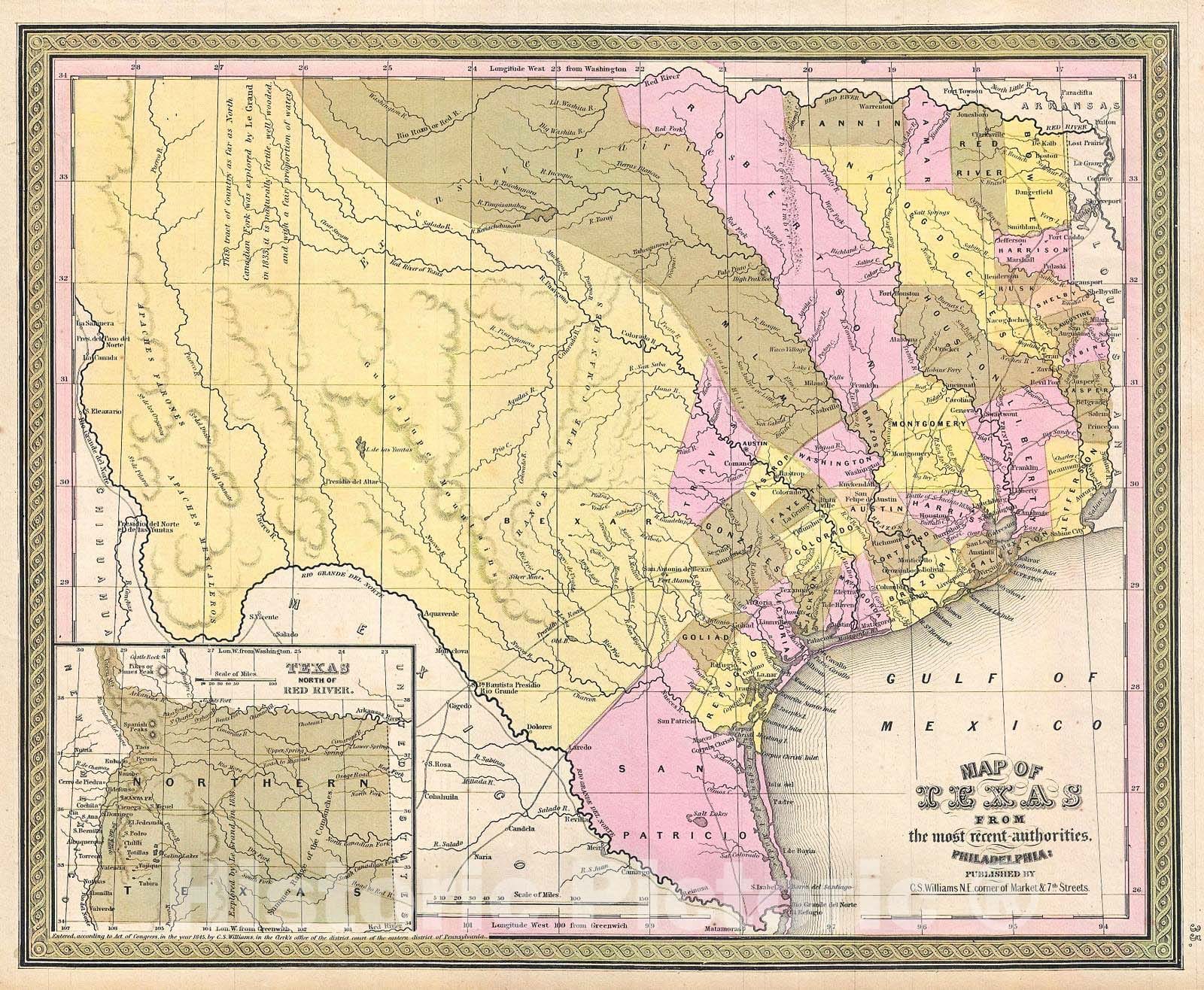 Historic Map : Mitchell Map of Texas, 1849, Vintage Wall Art