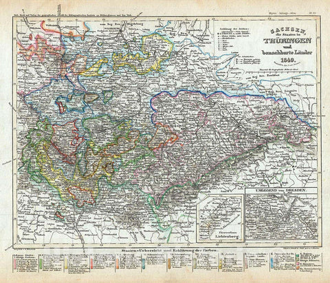 Historic Map : Meyer Antique Map of Thuringia (The Thuringian States), Germany, 1849, Vintage Wall Art