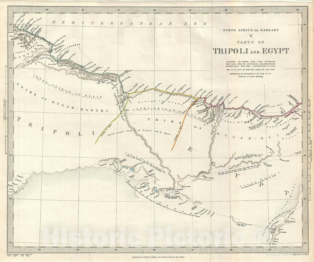 Historic Map : S.D.U.K. Map of Egypt and Tripoli (Libya) on The Barbary Coast of Northern Africa, 1844, Vintage Wall Art