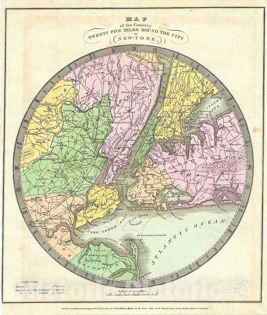 Historic Map : Burr Antique Map of New York City and Vicinity (25 Miles Around), 1835, Vintage Wall Art