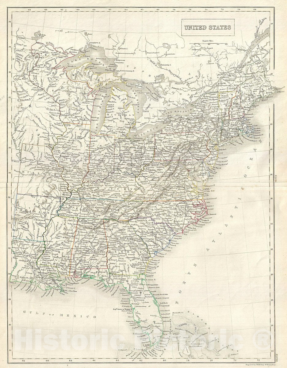 Historic Map : Black Map of The United States, 1844, Vintage Wall Art