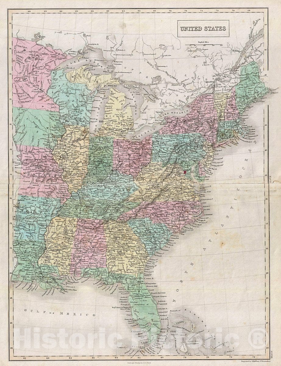 Historic Map : Black Map of The United States, Version 2, 1851, Vintage Wall Art