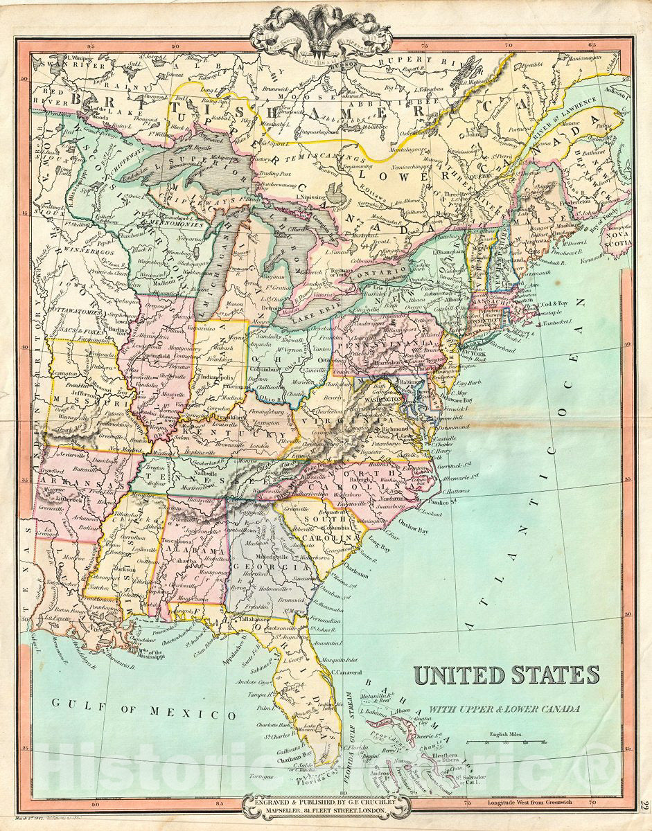 Historic Map : Cruchley Map of The United States, 1850, Vintage Wall Art