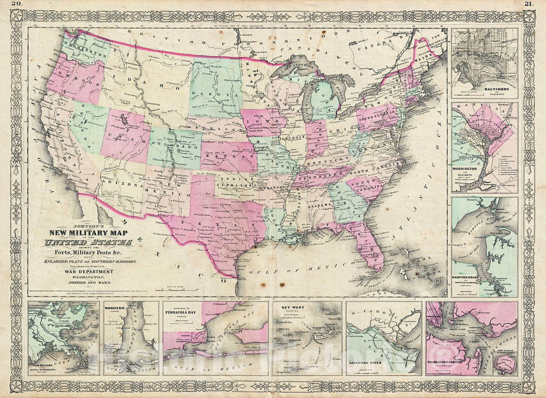 Historic Map : Johnson Military Map of The United States, 1863, Vintage Wall Art