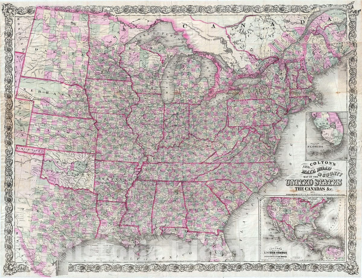 Historic Map : Colton Pocket Railroad Map of The United States, 1875, Vintage Wall Art