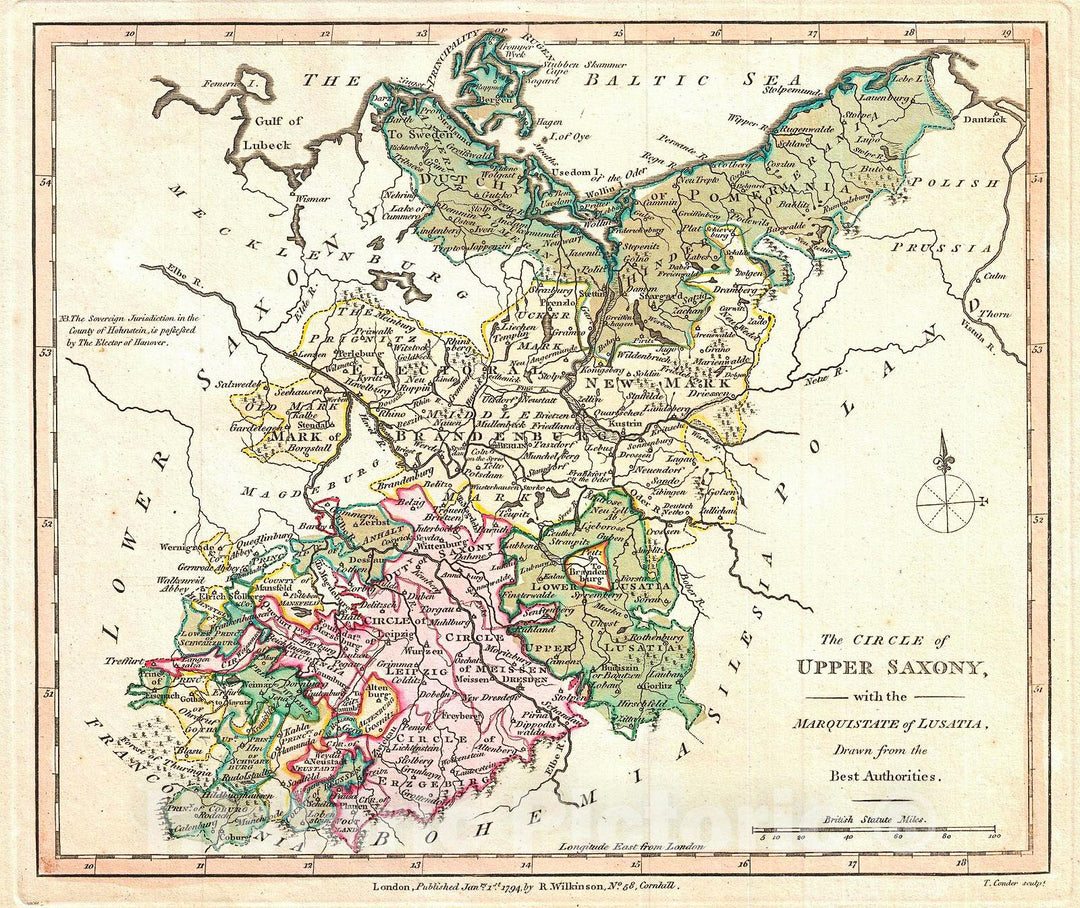 Historic Map : Wilkinson Map of Upper Saxony, Germany, 1794, Vintage Wall Art