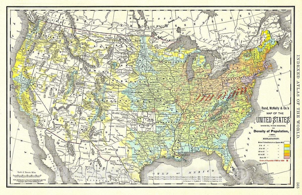 Historic Map : Rand McNally Map of The United States Showing Density of Population, 1892, Vintage Wall Art