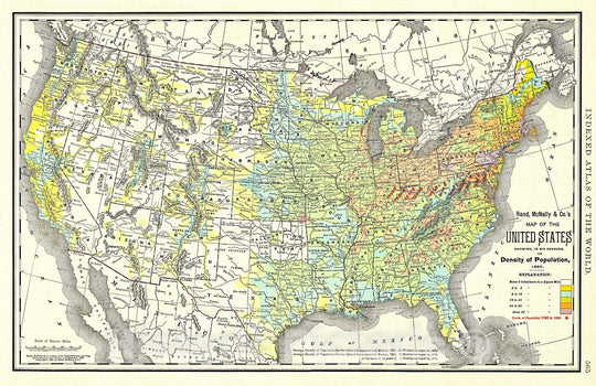 Historic Map : Rand McNally Map of The United States Showing Density of Population, 1892, Vintage Wall Art