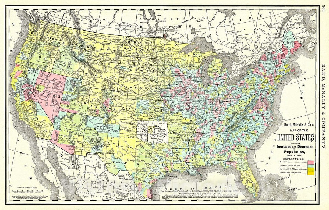 Historic Map : Rand McNally Antique Map of The United States Showing Change in Population, 1892, Vintage Wall Art