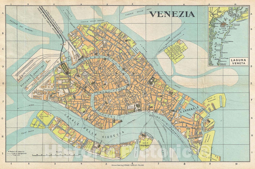 Historic Map : Capello Pocket Map or Plan of The City of Venice, Italy, 1950, Vintage Wall Art