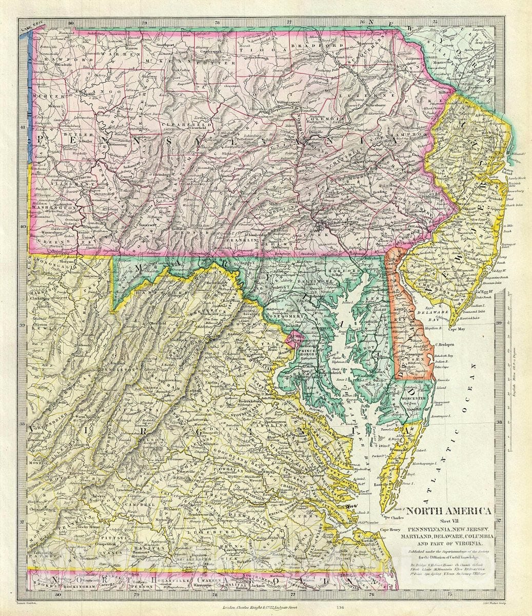 Historic Map : Pennsylvania, Virginia, Maryland, Delaware and New Jersey, S.D.U.K, Version 2, 1848, Vintage Wall Art