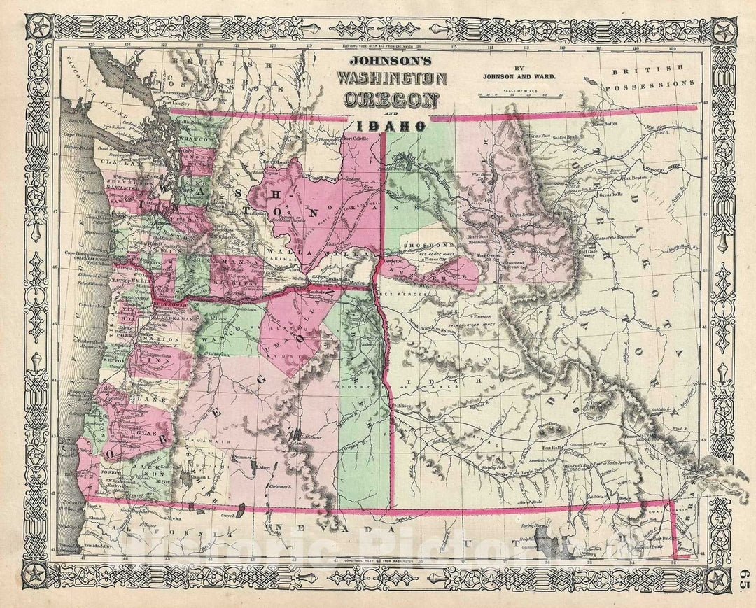 Historic Map : Johnson Map of Washington, Oregon and Idaho, 1866, Vintage Wall Art