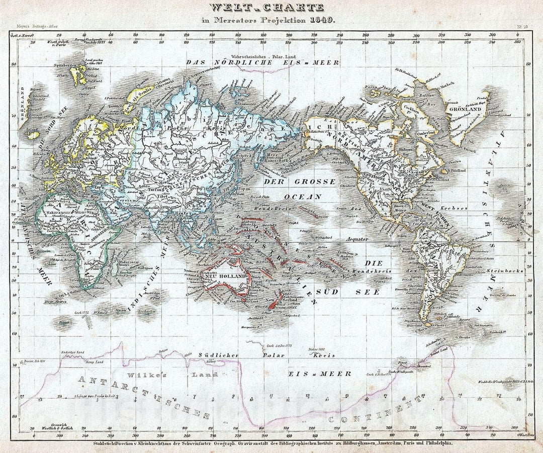 Historic Map : Meyer Map of The World on Mercator's Projection, 1849, Vintage Wall Art