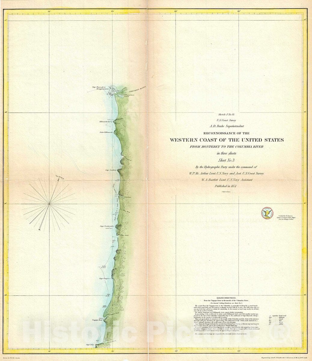 Historic Map : U.S. Coast Survey Antique Map or Chart of The Coast of Washington anArtegon, 1851, Vintage Wall Art