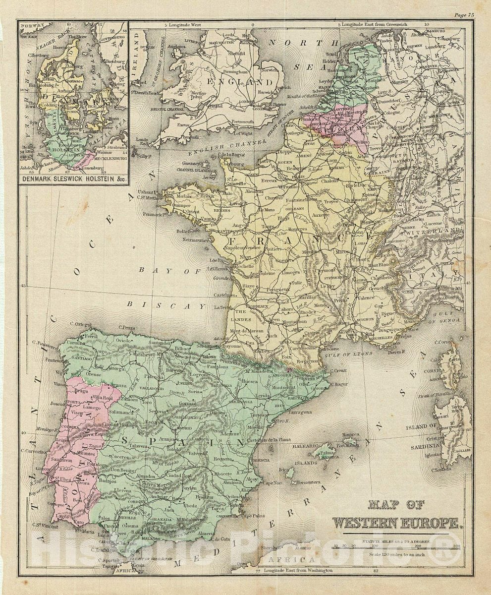 Historic Map : Warren Map of Western Europe: Spain, Portugal, France, Holland, Belgium, 1879, Vintage Wall Art