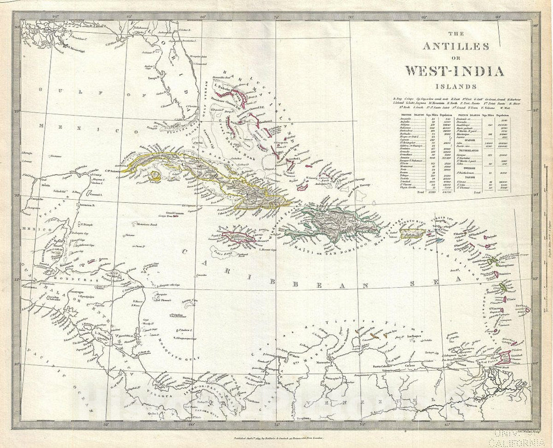 Historic Map : S.D.U.K. Map of The West Indies and Caribbean, 1835, Vintage Wall Art