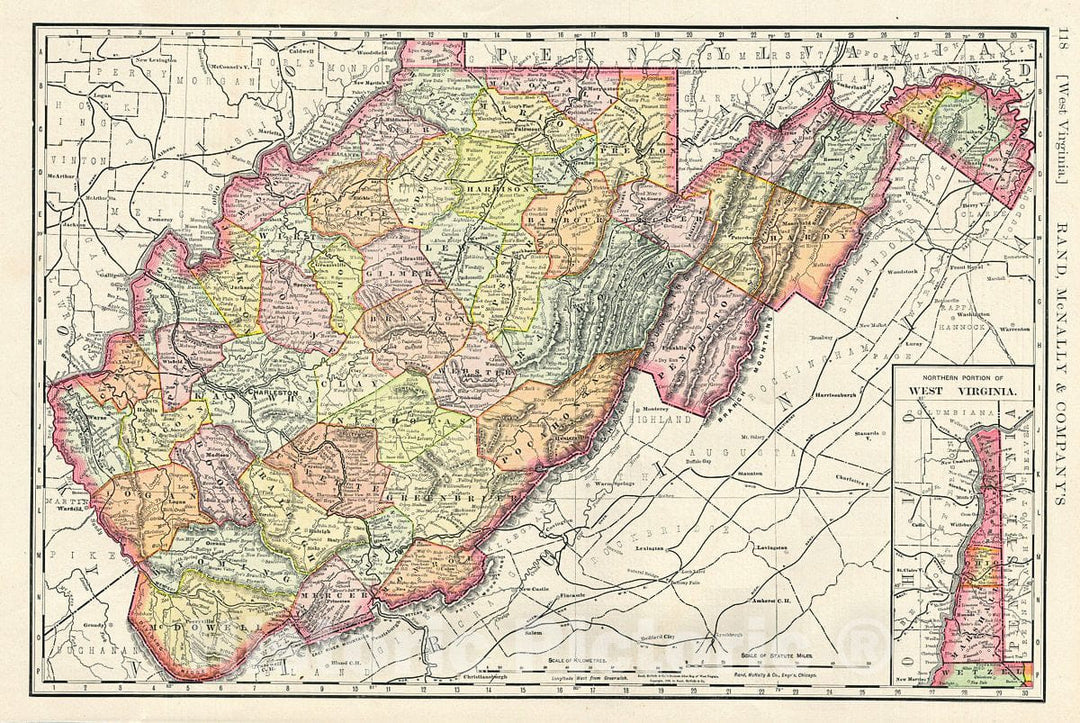 Historic Map : Rand McNally Map of West Virginia, United States, 1888, Vintage Wall Art