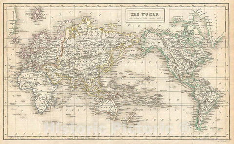 Historic Map : Black Antique Map of The World on Mercator's Projection, 1844, Vintage Wall Art