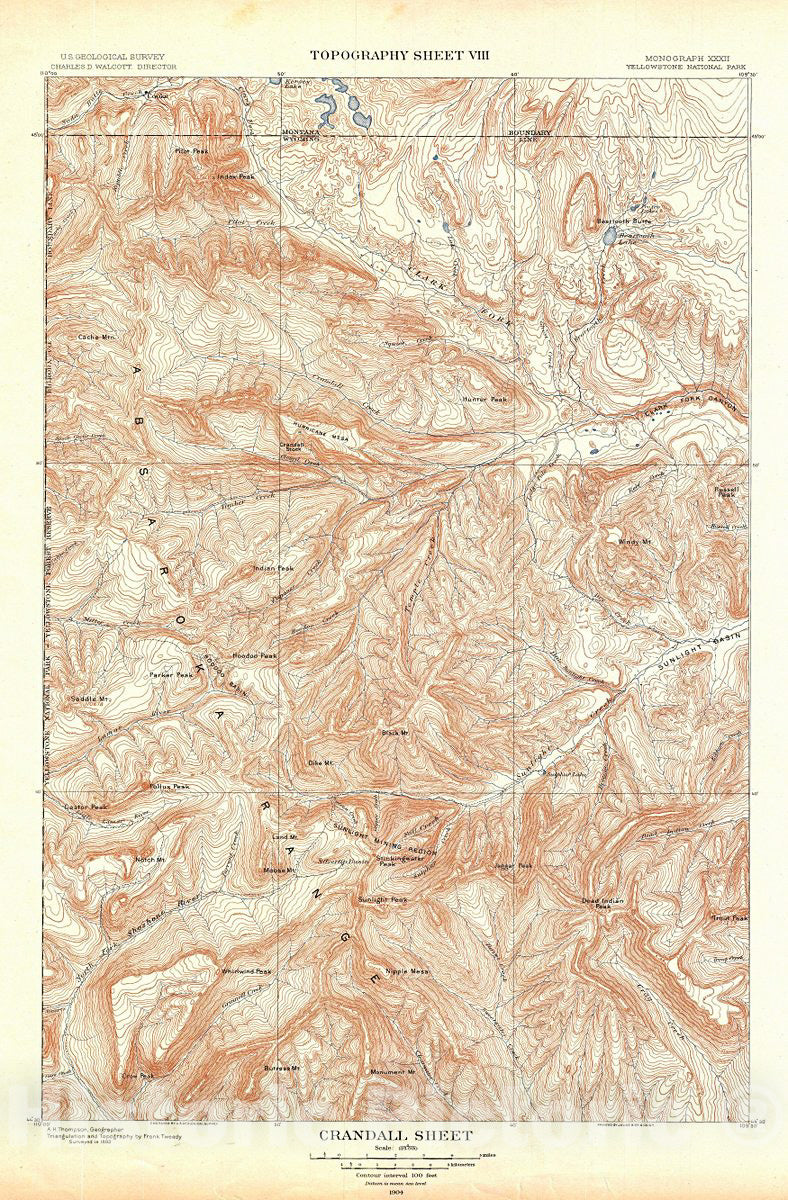 Historic Map : USGS Topographic Map of Crandall, Yellowstone National Park, 1904, Vintage Wall Art